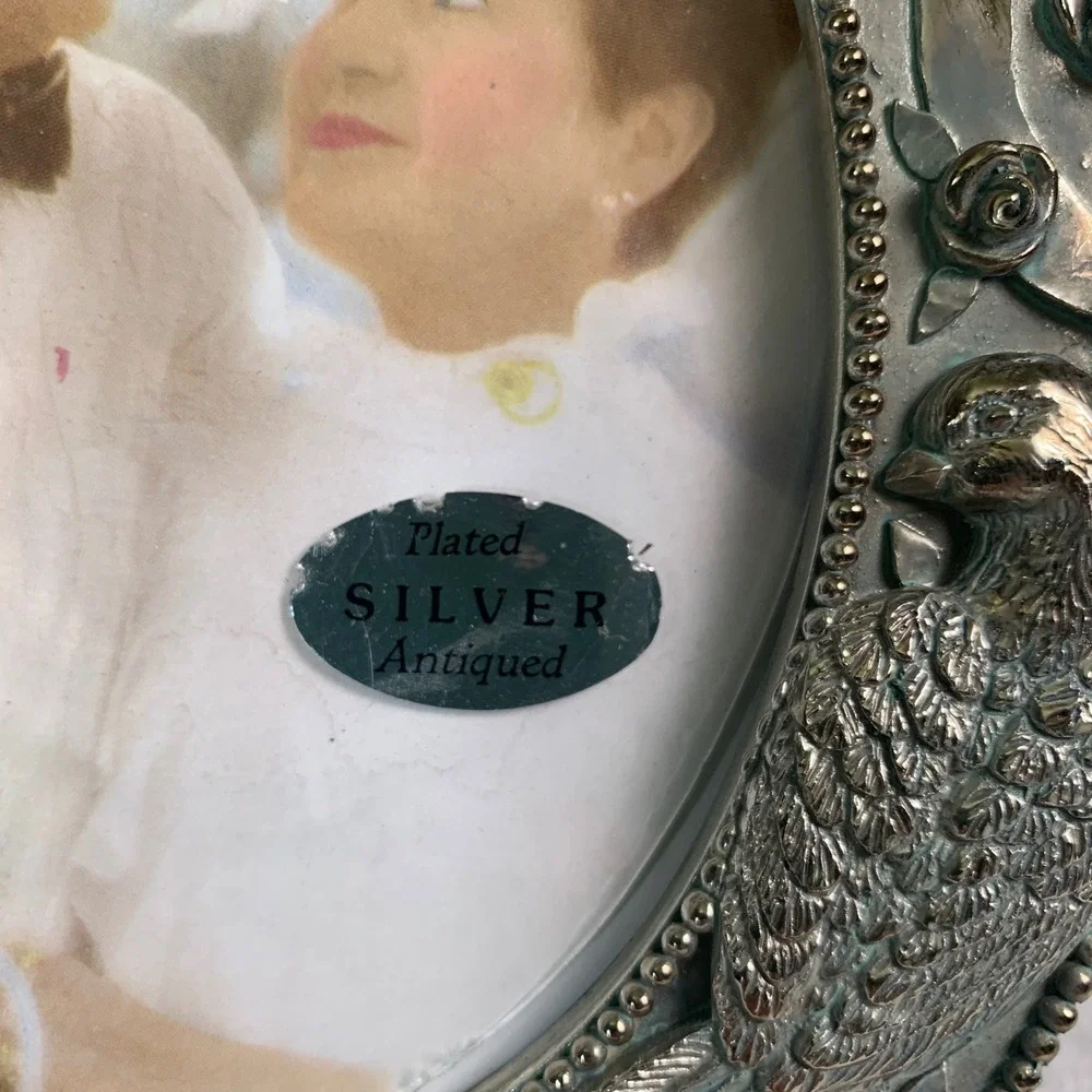 Vintage Figi Graphics 1990 Antiqued Silver Plated Oval Bird Rose Frame RR-63S